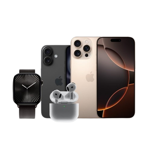 Composite image showing restored iPhone, Apple Watch, and AirPods